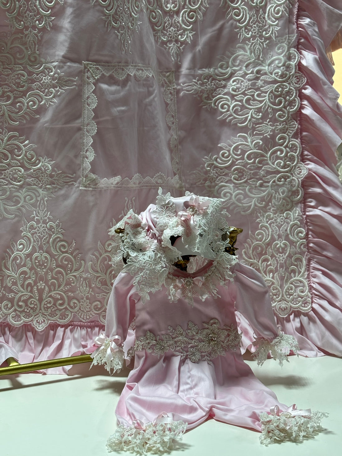 Light Pink Baby Lace Pearl Jumpsuit Set with Bonnet