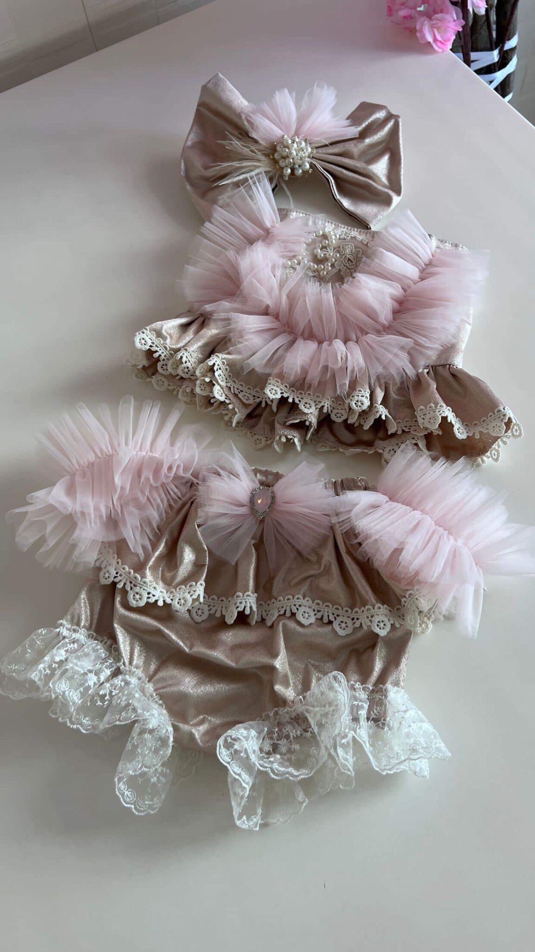 Girl and baby coton fabric two pieces outfıt and hair bow