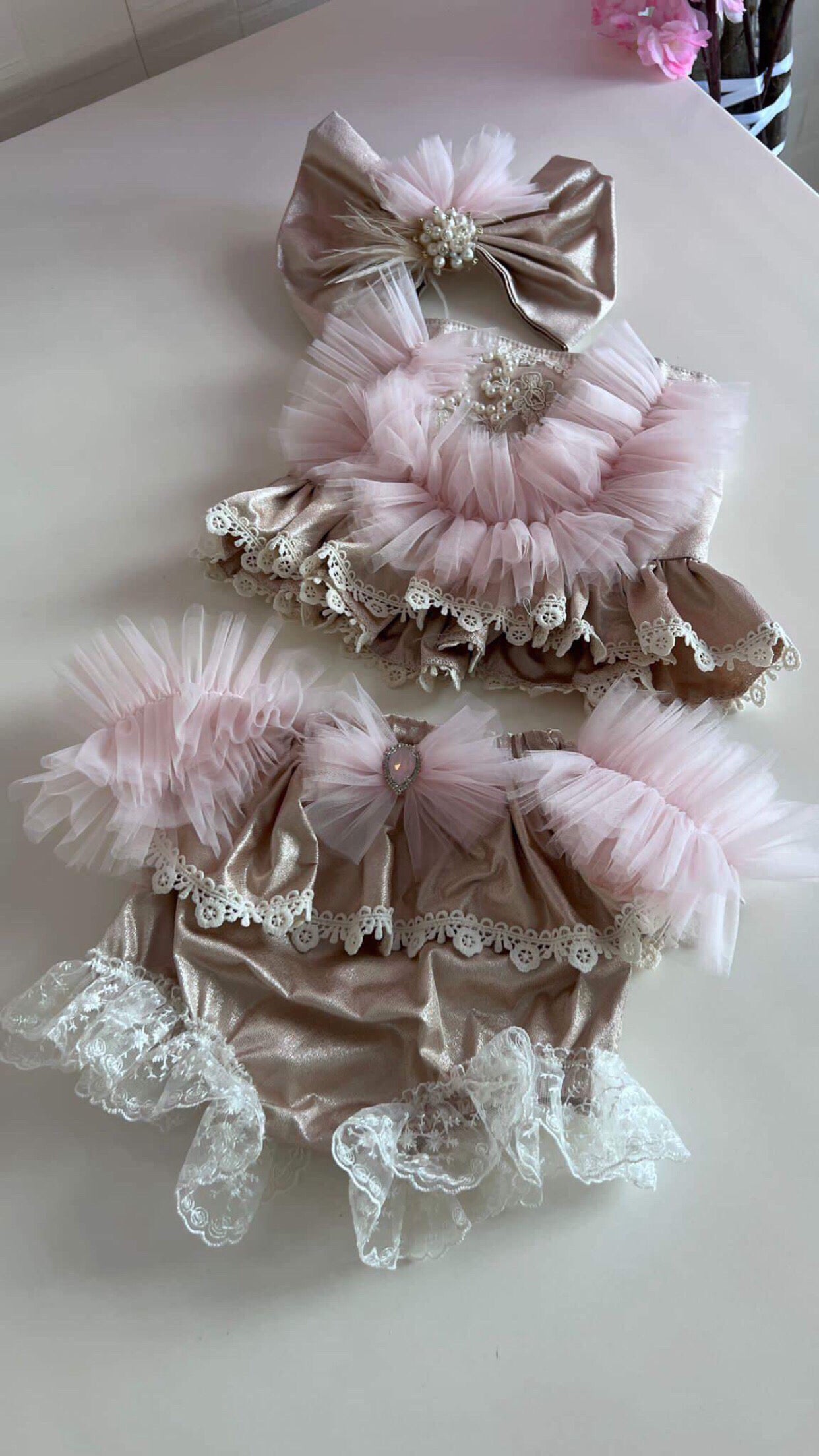 Girl and baby coton fabric two pieces outfıt and hair bow