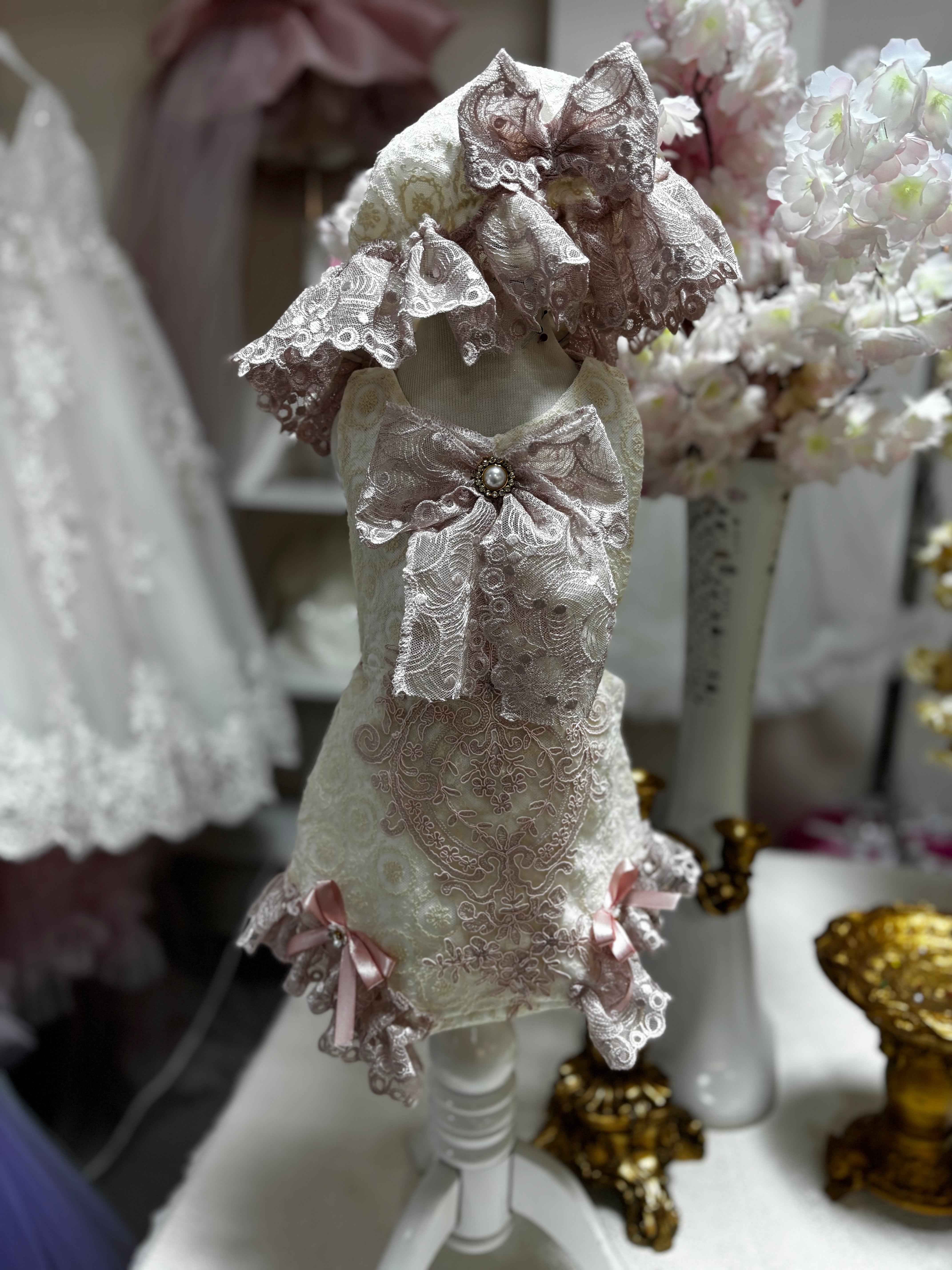 cream lace fabric romper and bonnet
