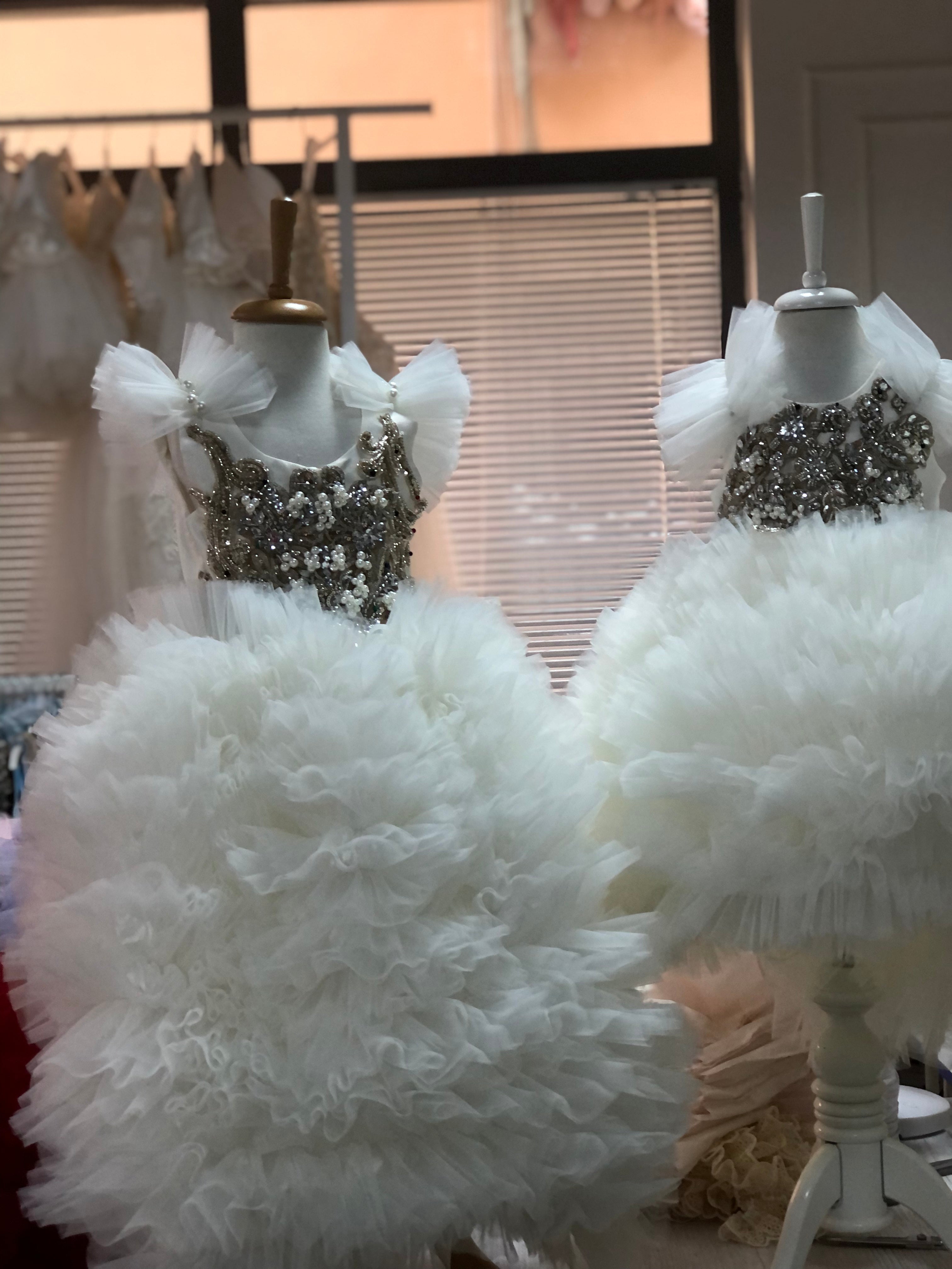 Cream Flowers Girls Long Tulle Rhine Stone Dresses