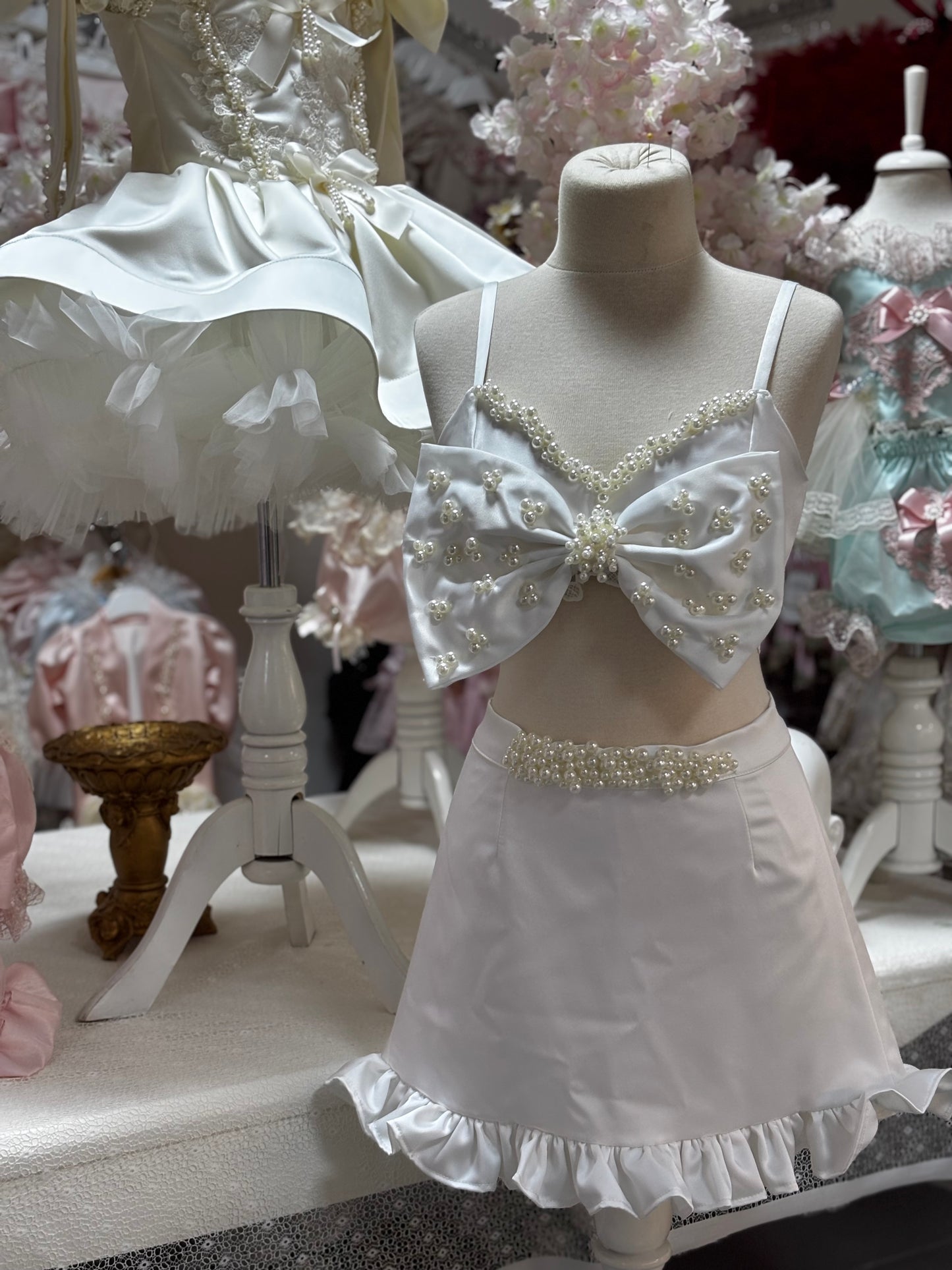 Cream pearl satin fabric woman outfit