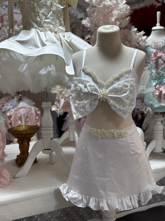 Cream pearl satin fabric woman outfit