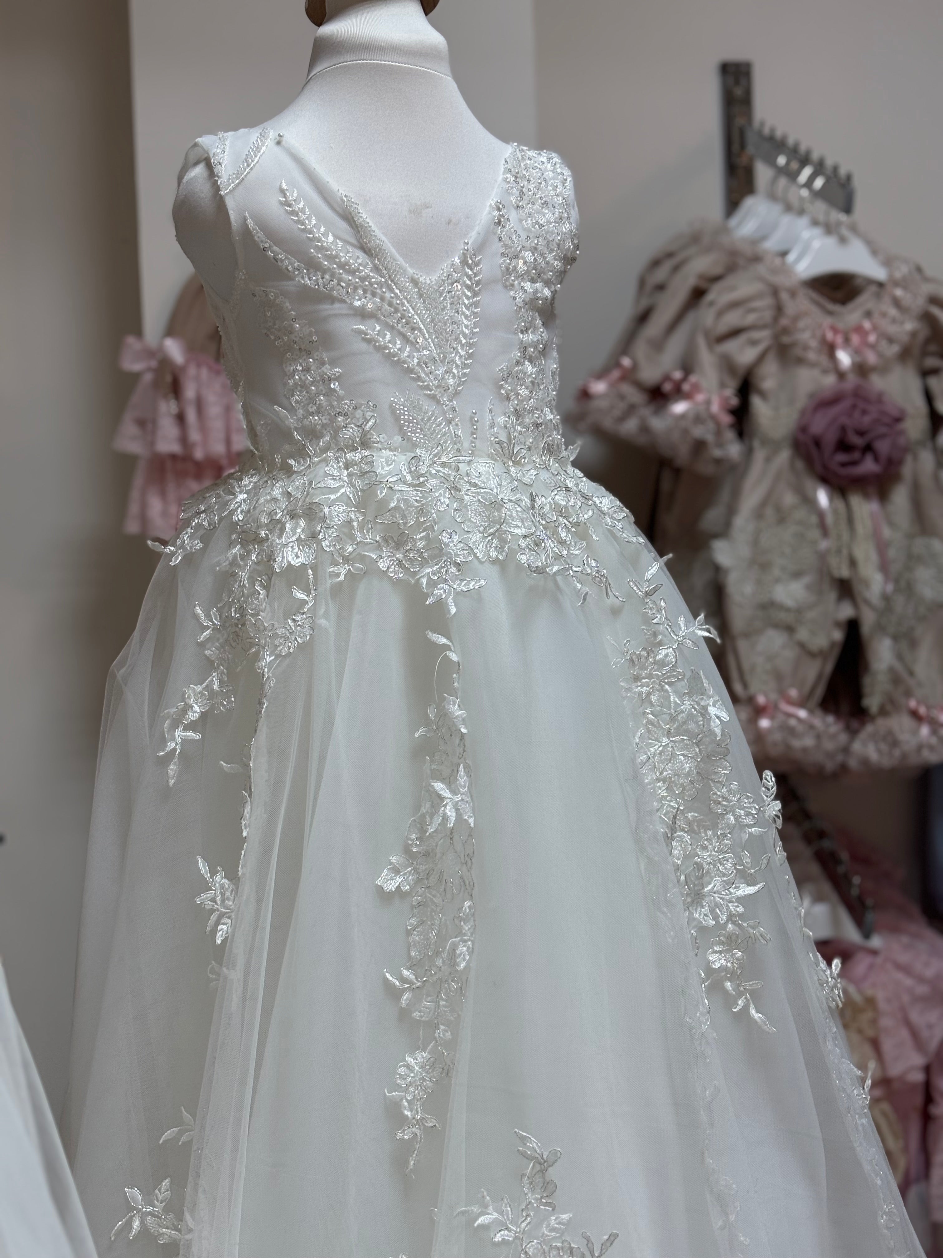 Cream long tulle flowers girl dress