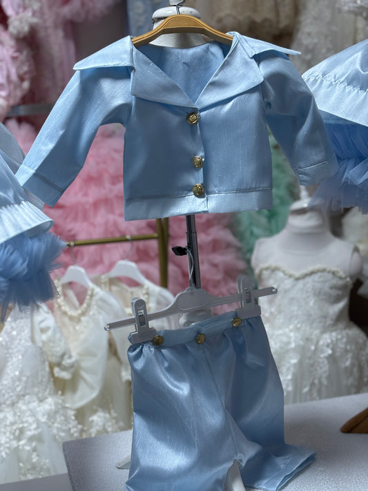 Blue silk fabric outfit