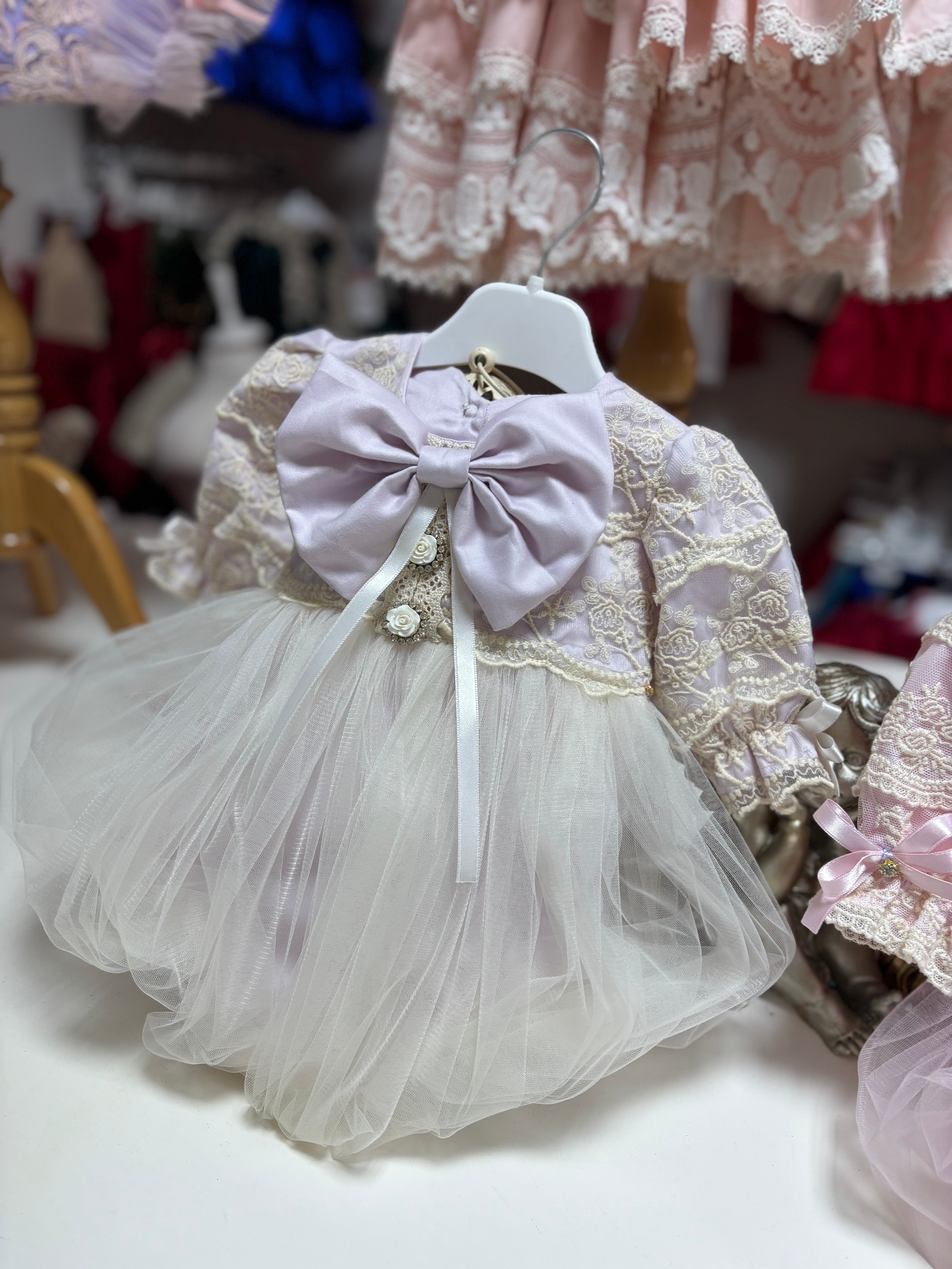 Lilac Baby And Toddler Girl Romper And Bonnet Coton Lace Fabric