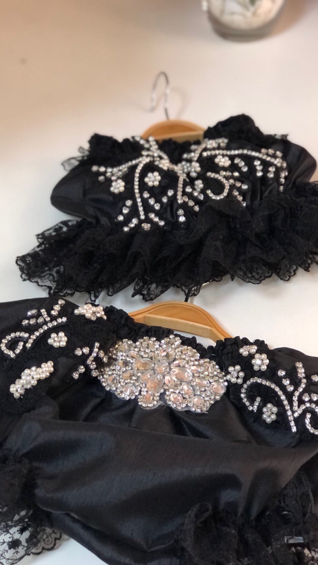 Black  satin fabric blouse and shorts rhinestone details
