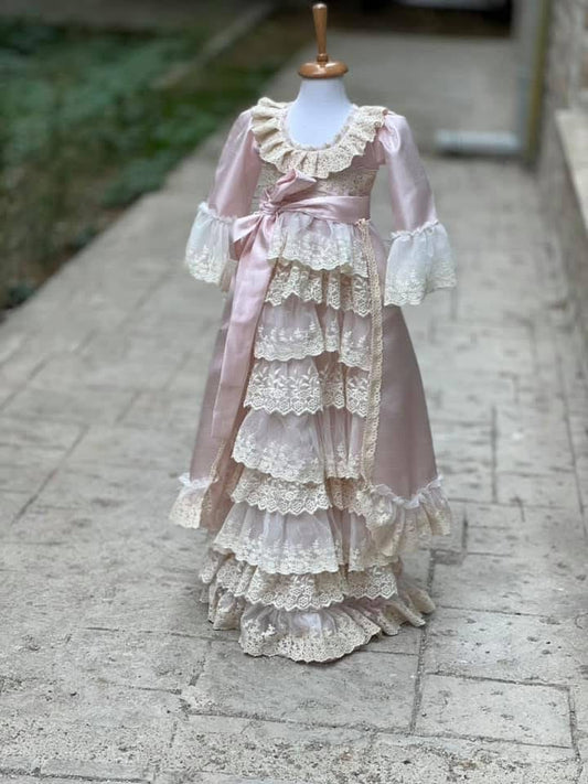 Light pink long silk fabric gown and bonnet