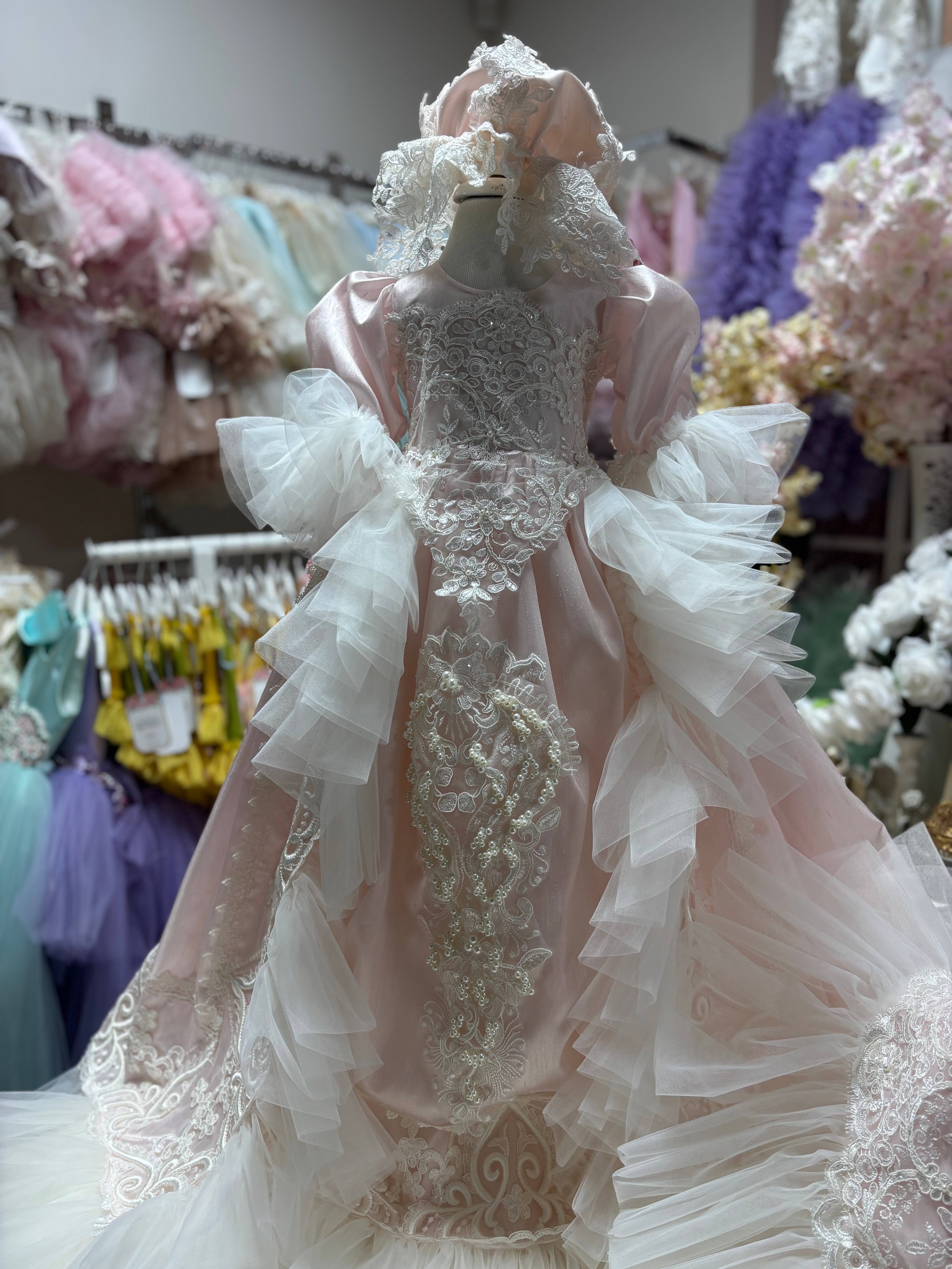 Pink silk fabric Baby gown bonnet and Blankent set