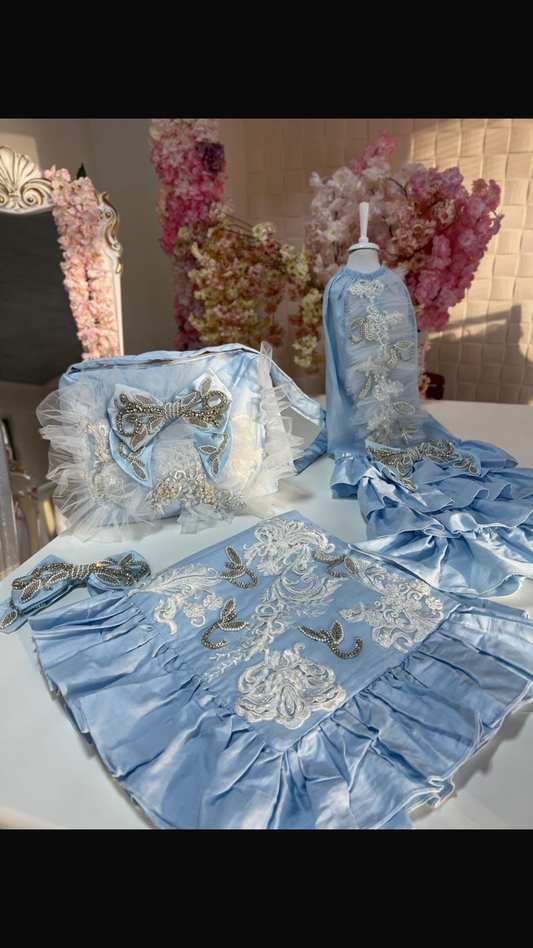 Blue coton fabric blankent cocoon bonnet and diaper bag 4 pieces set