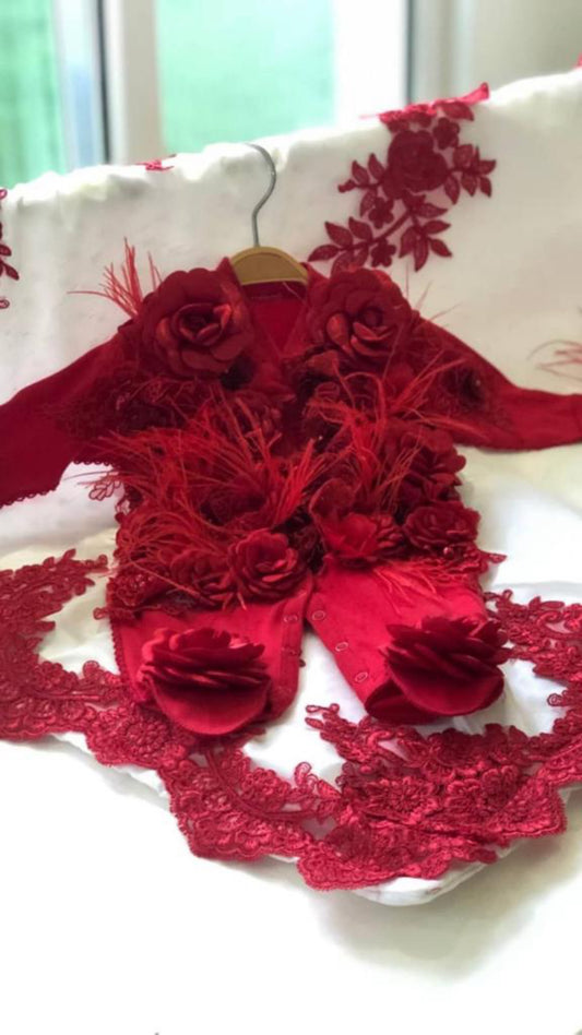 red flower jumpsuit cream  red france lace blankent and bonnet set
