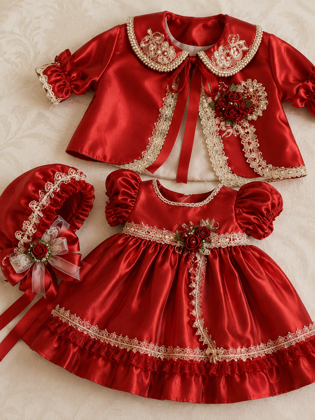 Red satin holiday dress bonnet and jacket