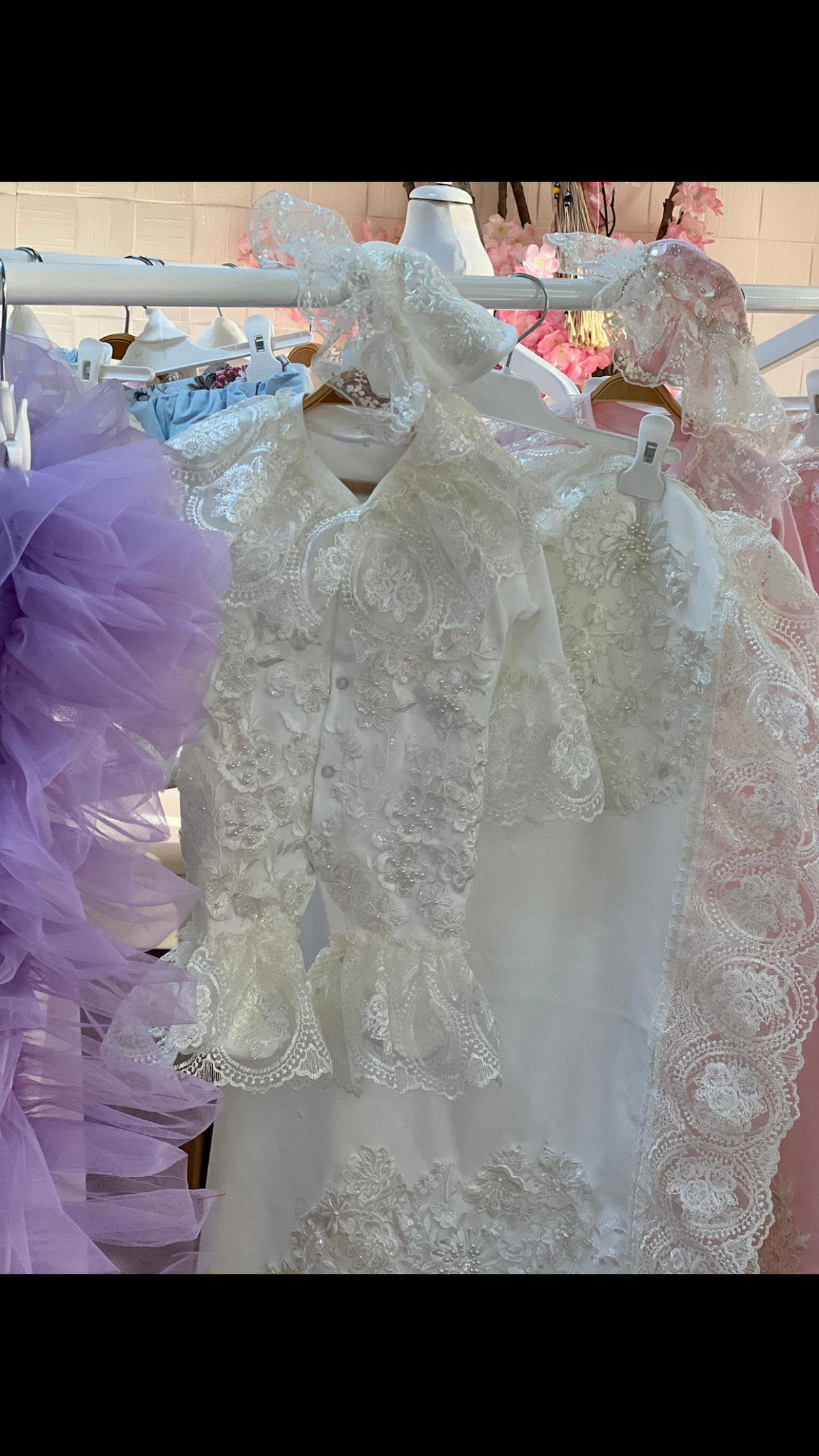 Cream France lace jumpsuit bonnet hat and blankent set