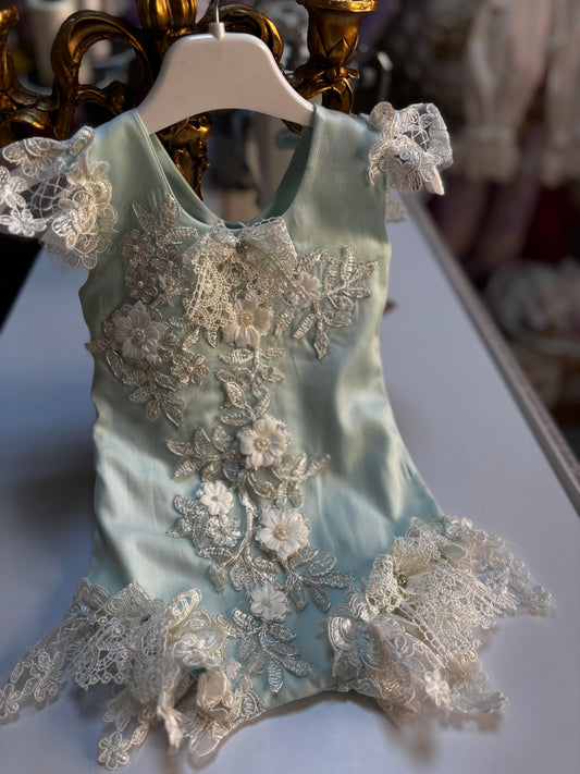 Mint blue coton 3D flowers lace romper wholesale 6 pcs