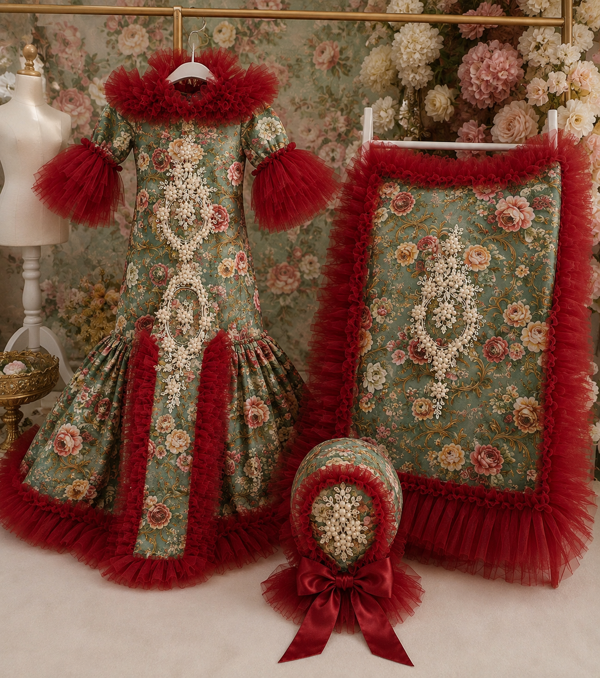 Christmas baby gown bonnet and blankent set