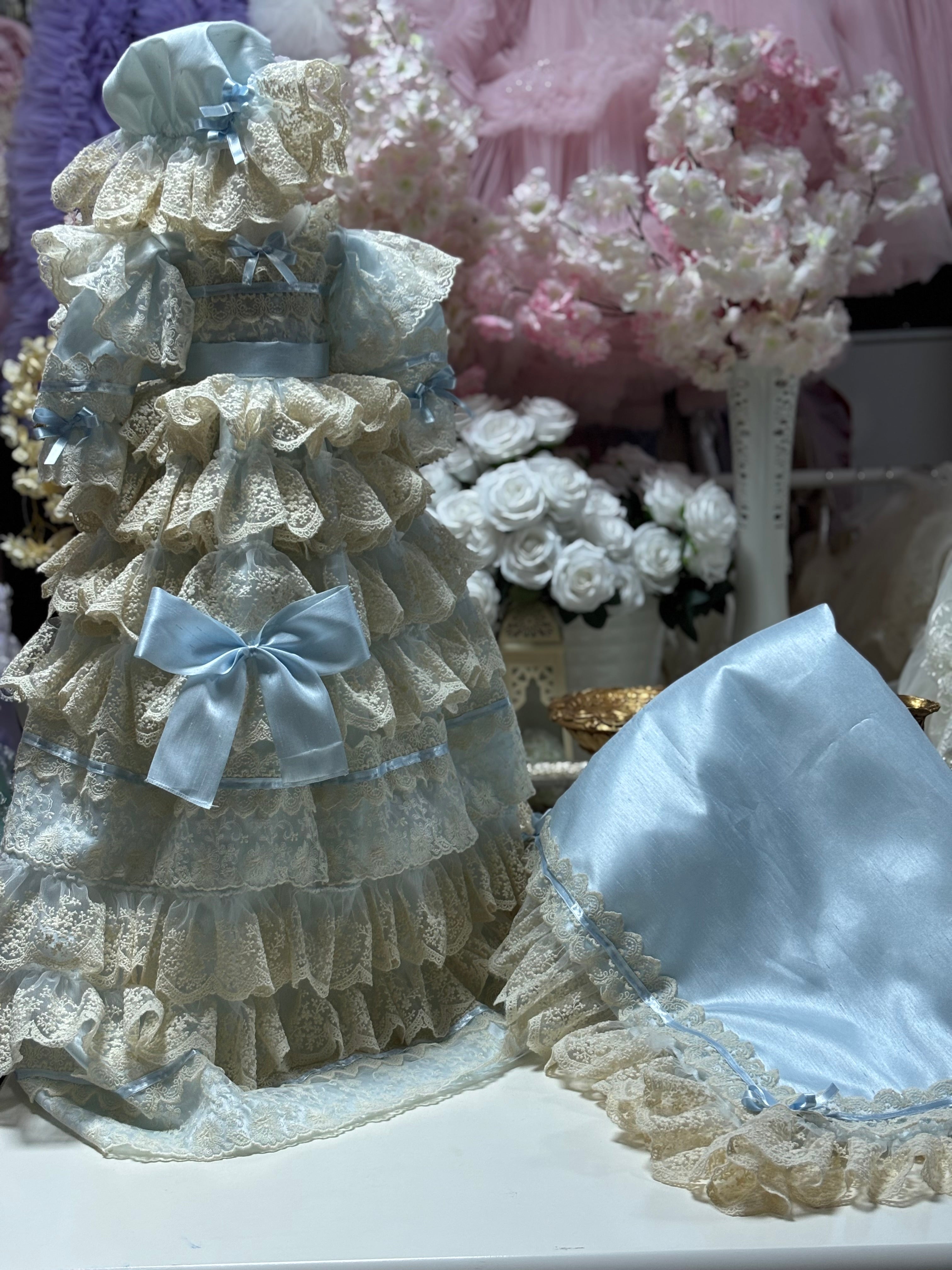 Baby Blue Silk fabric baby gown bonnet and Blankent set