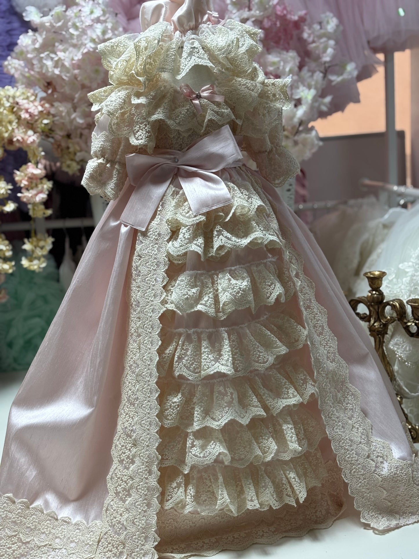 Pink silk fabric Baby Toddler Gown Dresses And Bonnet set wholesale 5 pcs