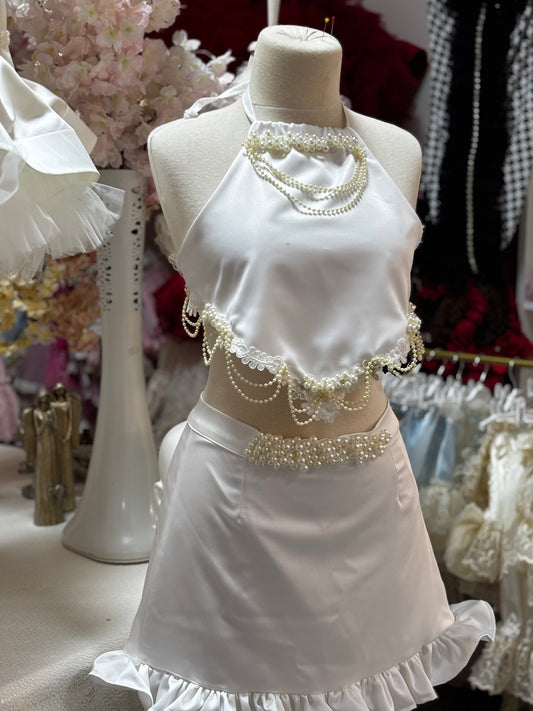 Cream pearl satin fabric woman outfit