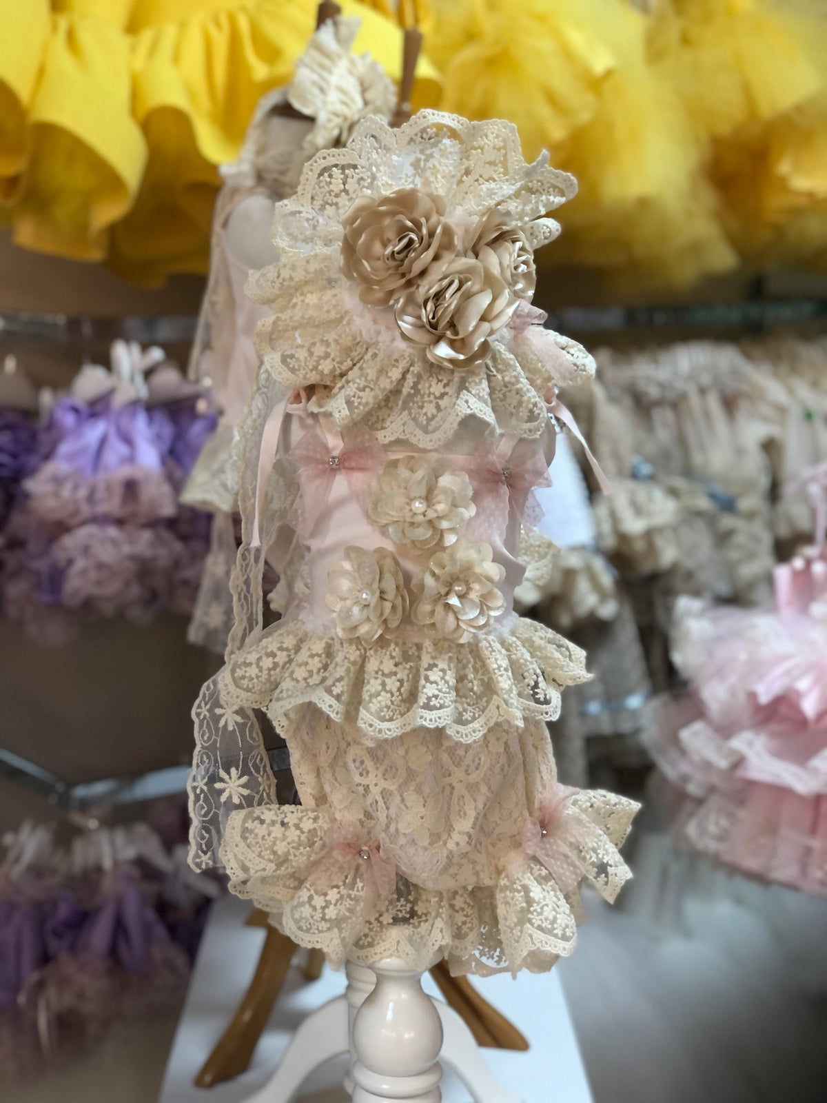 Pink lace silk fabric baby and girl two pieces outfıt and hairband
