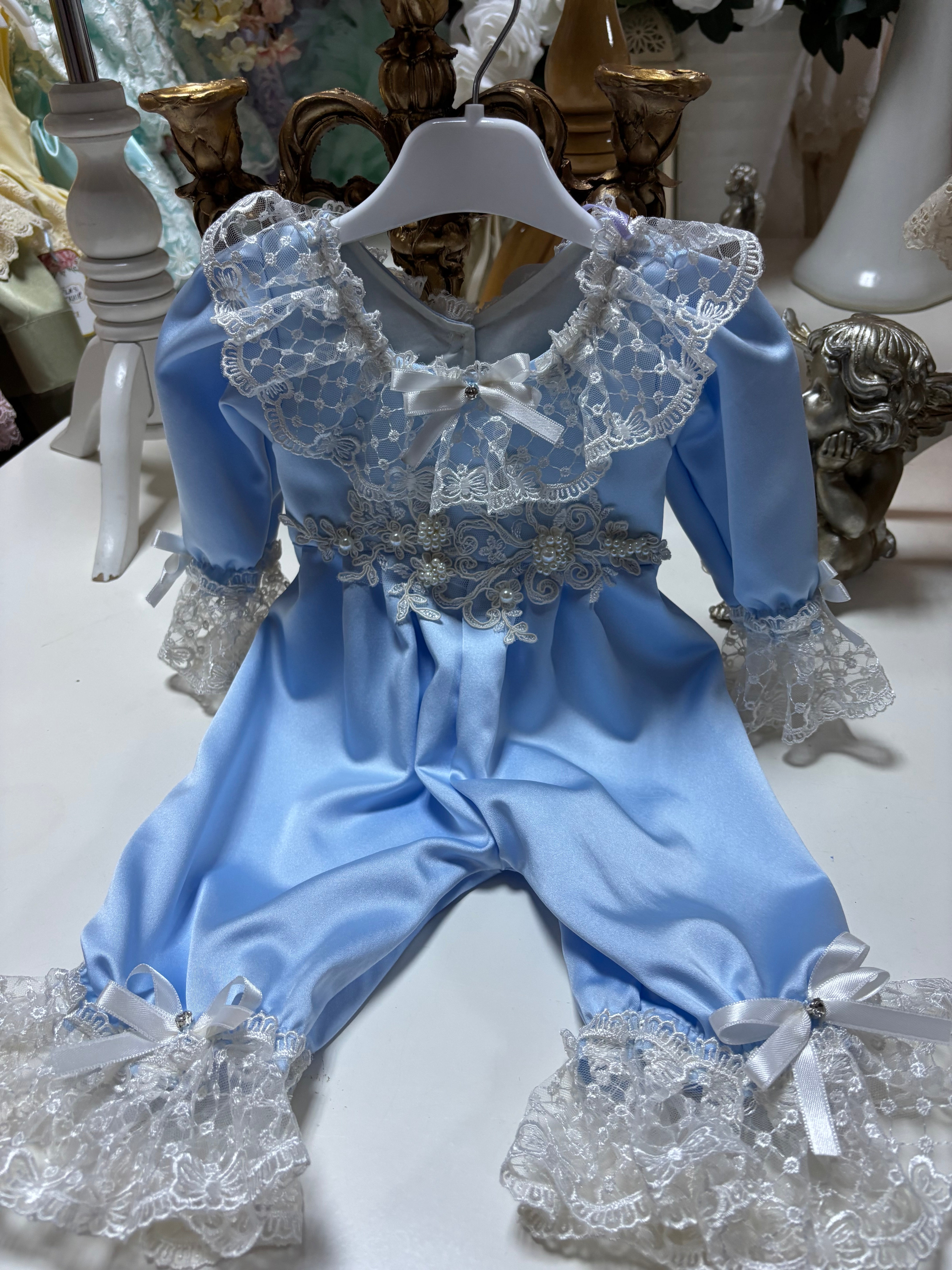 Light Blue Baby Satin Fabric Pearl Aplique Jumpsuit
