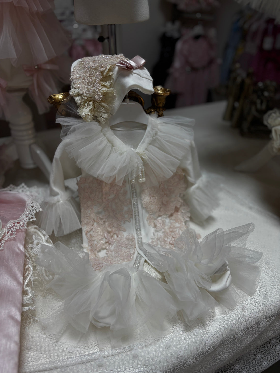 Cream baby jumpsuit and hat