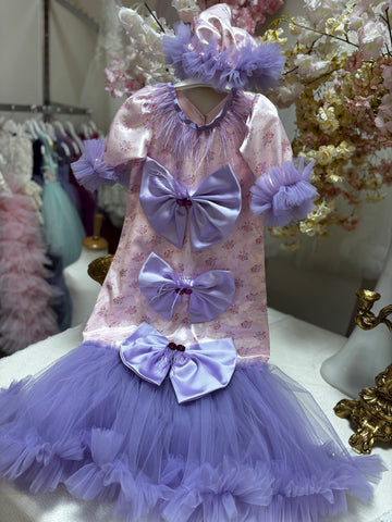 Pink lilac long baby gown and bonnet