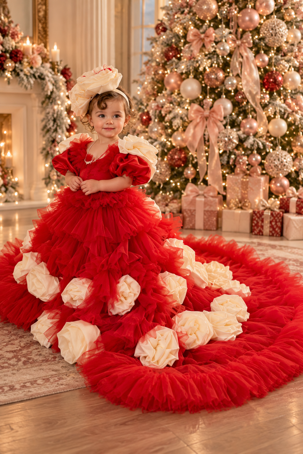 Red long flowers girl dress and hair clips