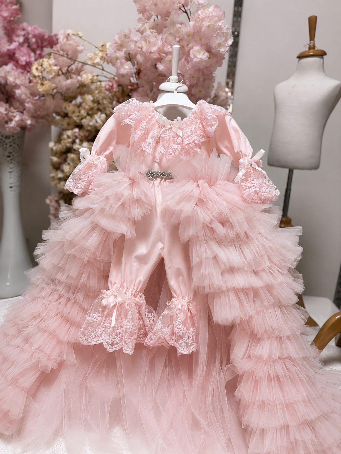 Pink jumpsuit gown and bonnet