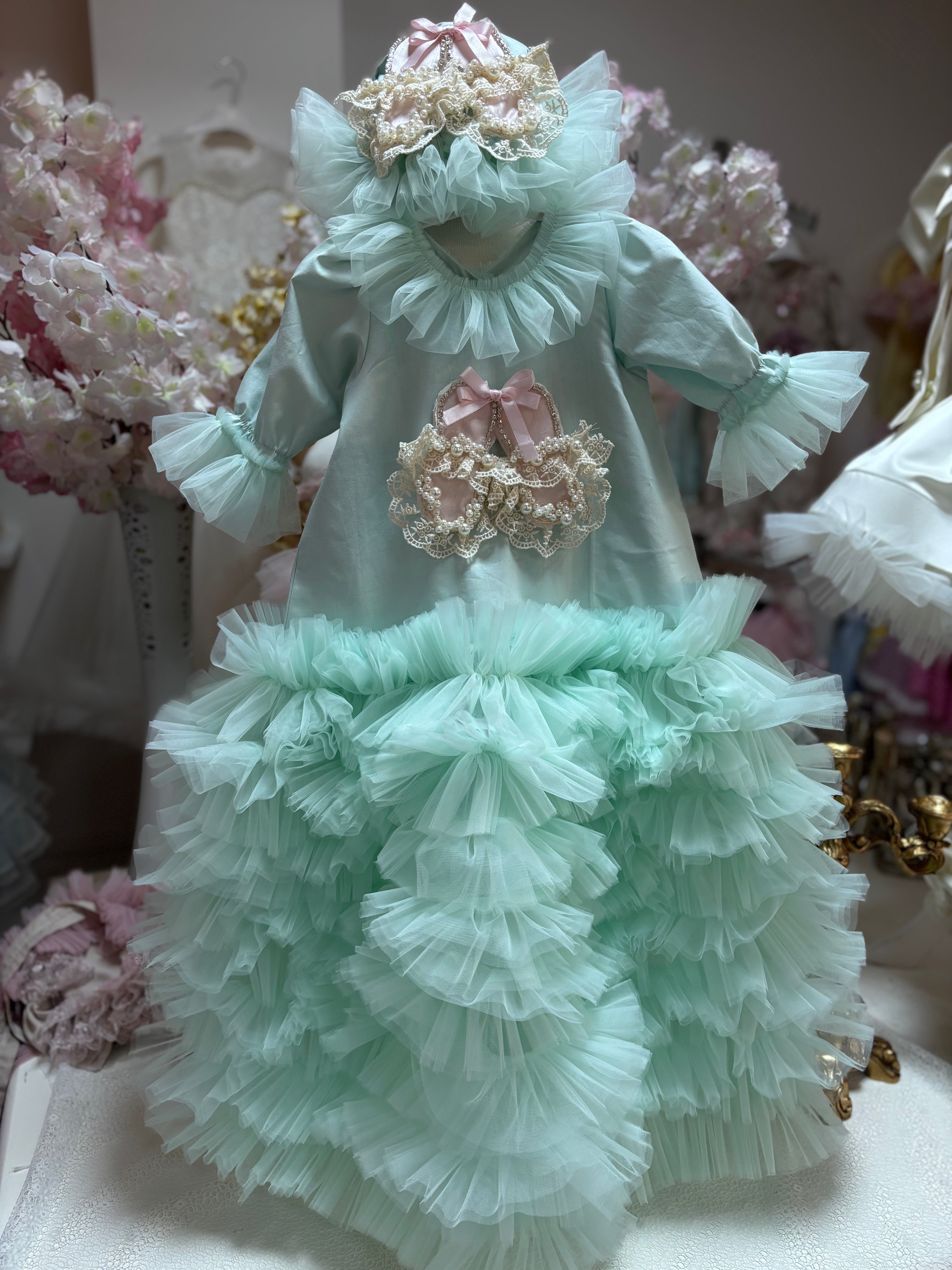 Mint baby long gown and bonnet