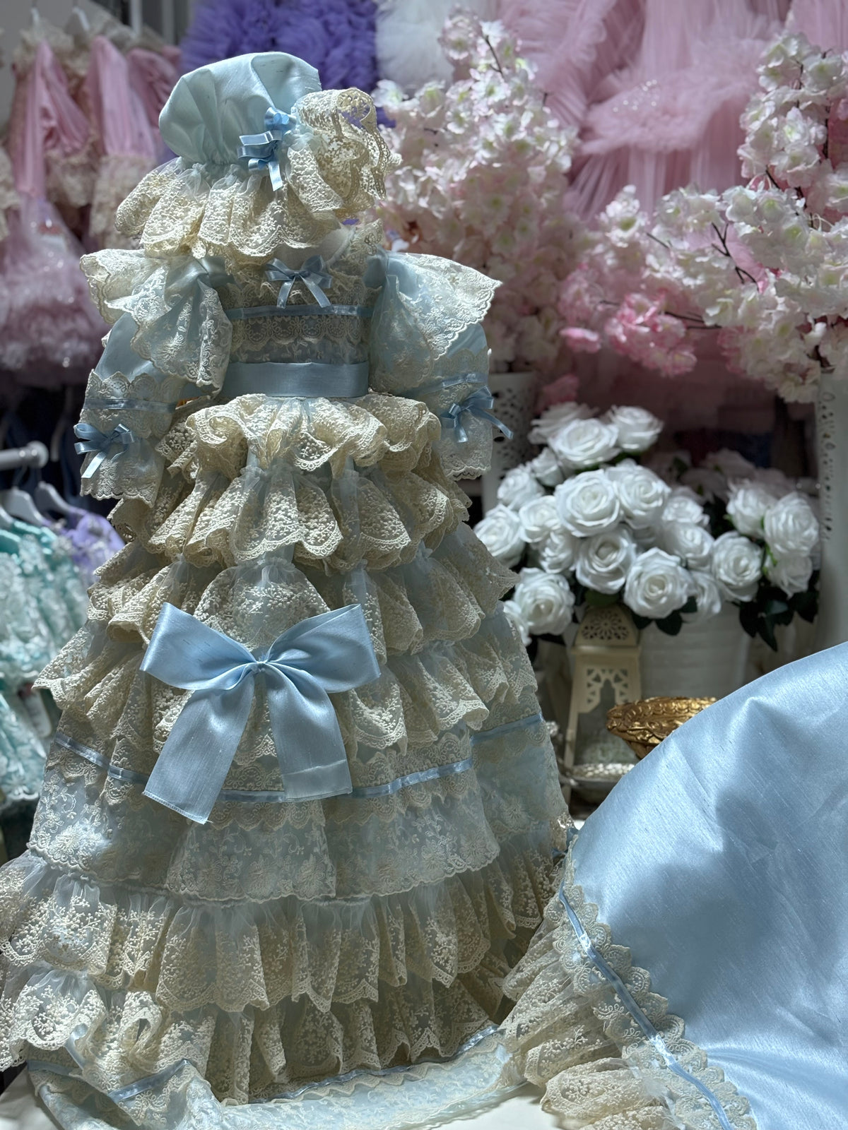 Blue silk baby gown bonnet and blankent