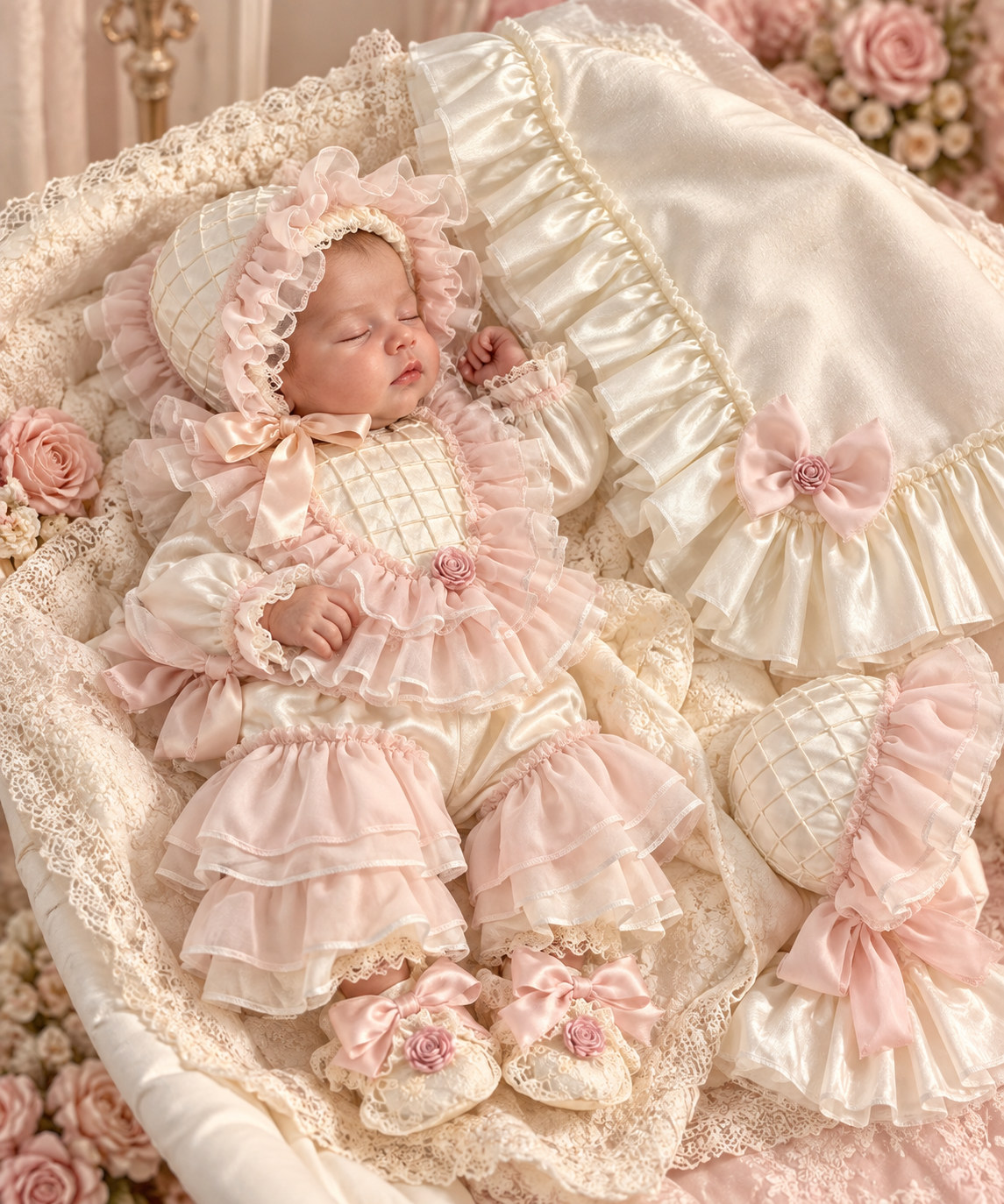 Silk fabric baby jumpsuit bonnet shoes and blankent