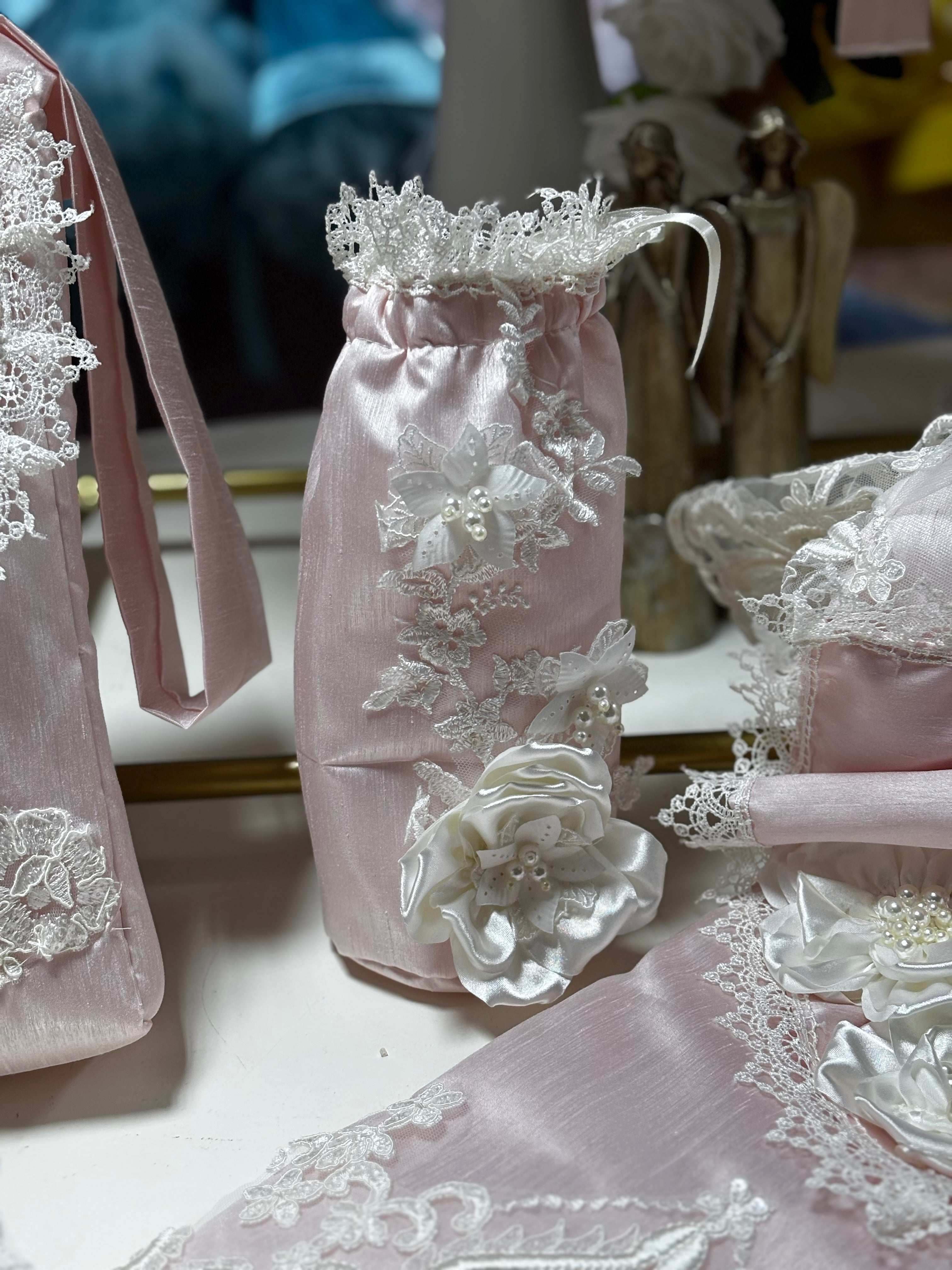 Pink silk fabric big bow pearl flowers diaper bag and bottle bag