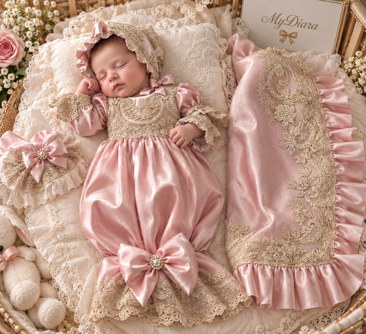 Pink silk fabric baby gown bonnet blankent set