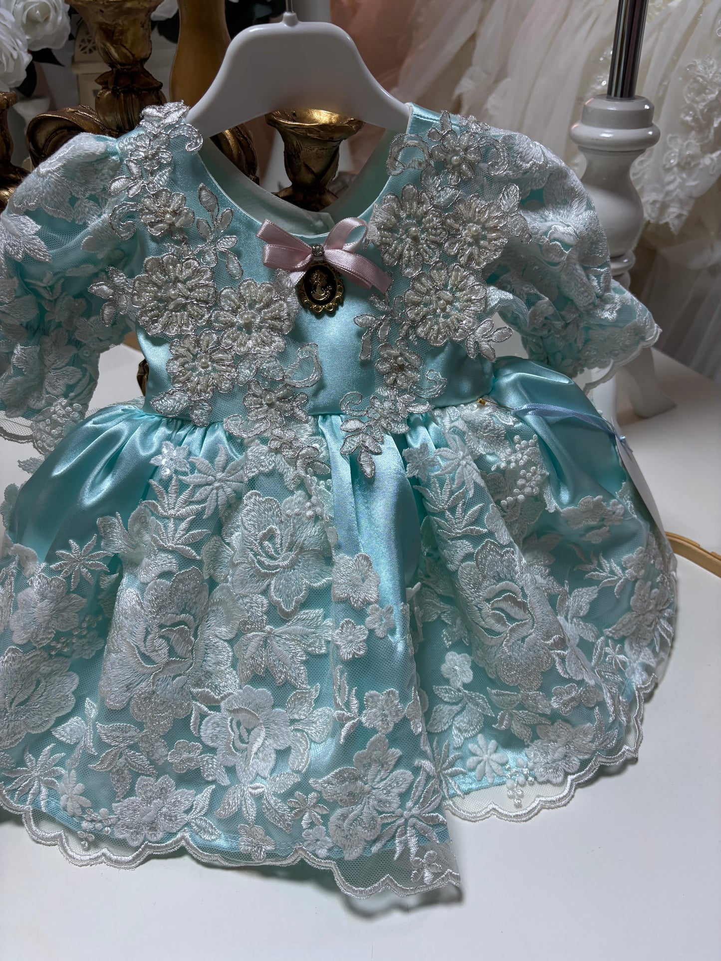 Mint Blue France Lace  Satin FabricBaby Girl Toddler Dresses