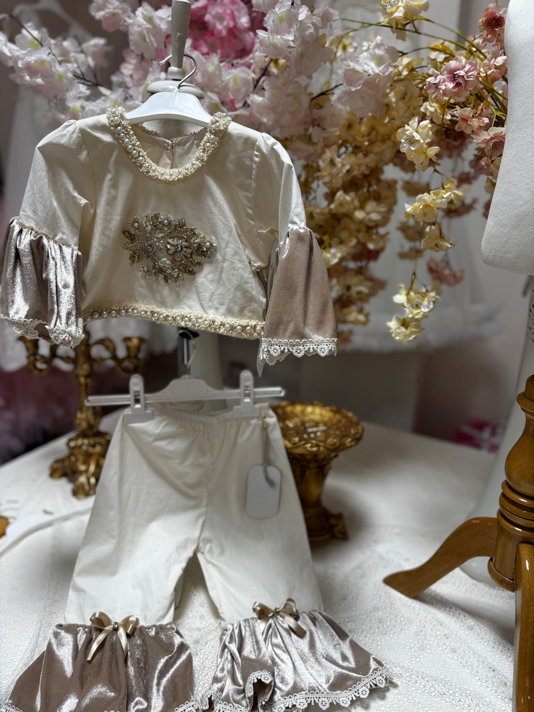 cream coton girl two pcs outfıt