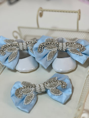White blue bow rhine stone baby shoes and hair bow 5 ınc