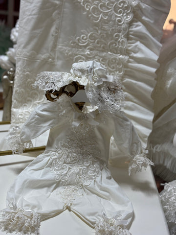 Cream  France Lace Pearl  appliqué Baby Jumpsuit Bonnet And Blankent set