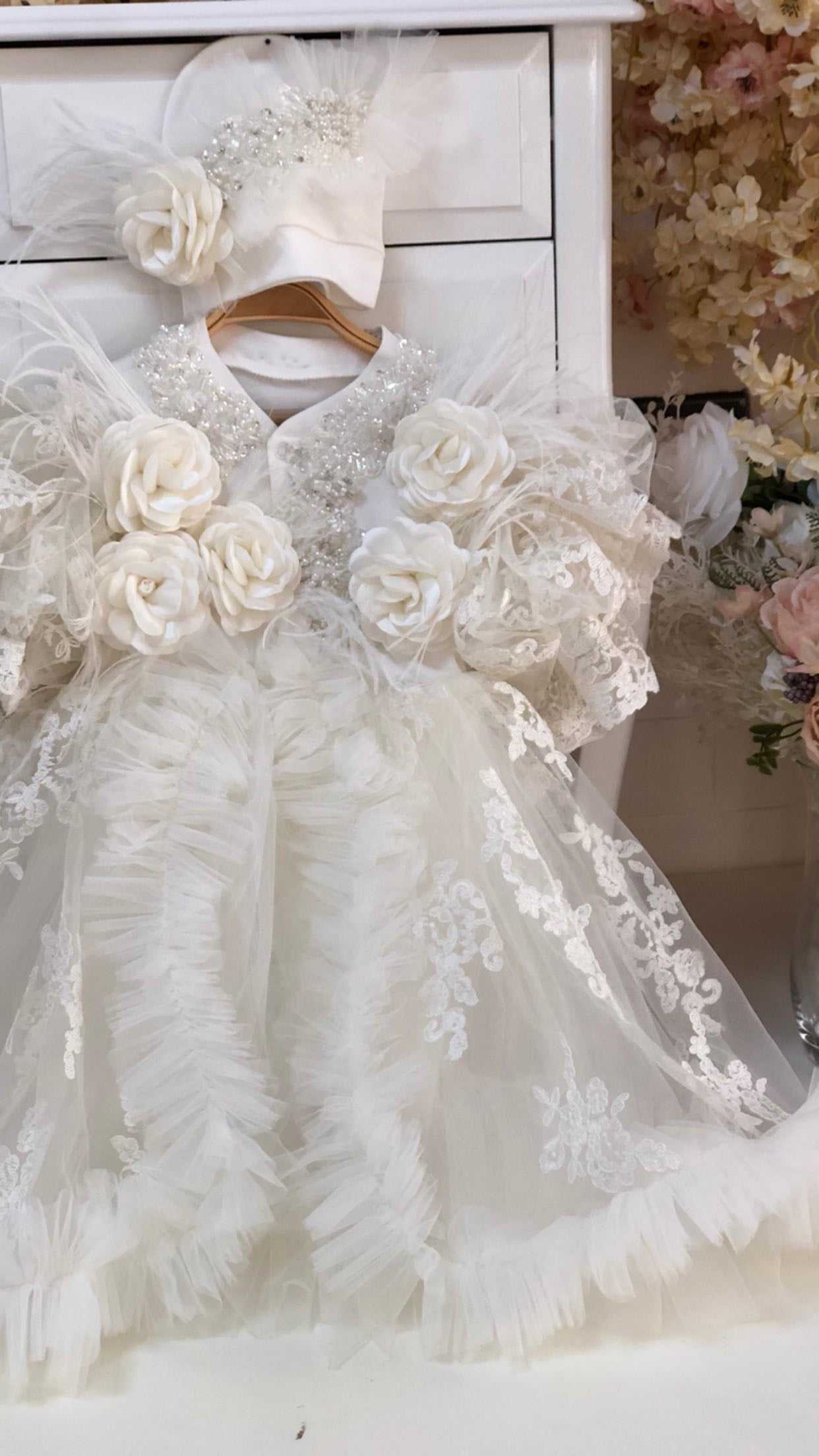 Cream Coton Fabric Flowers Jumpsuit And HAT