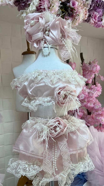 Light Pink Silk Fabric Baby Girl Shorts Blouse And Hair  Band