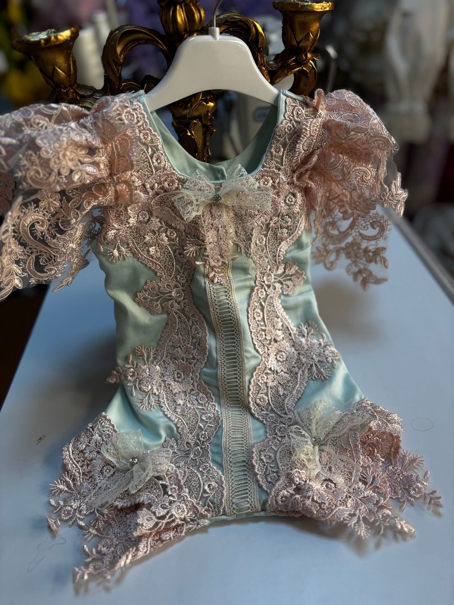 Mint and light pink coton France lace fabric romper wholesale 6 pcs
