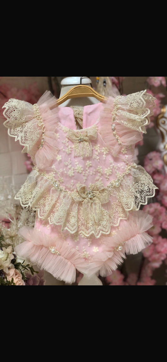 Pink vintage lace baby and girl romper