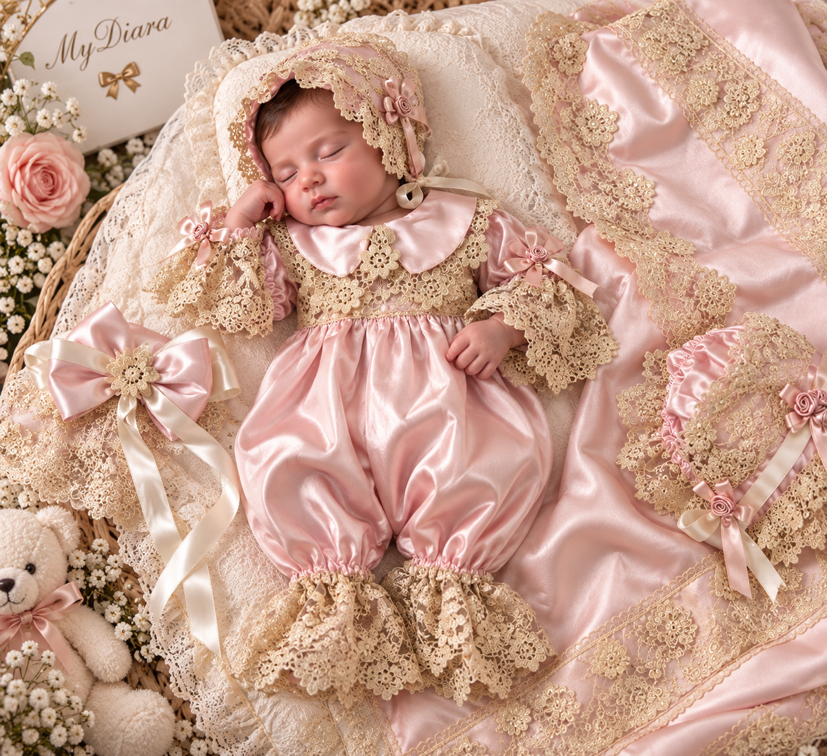 Pink silk fabric jumpsuit blankent and bonnet
