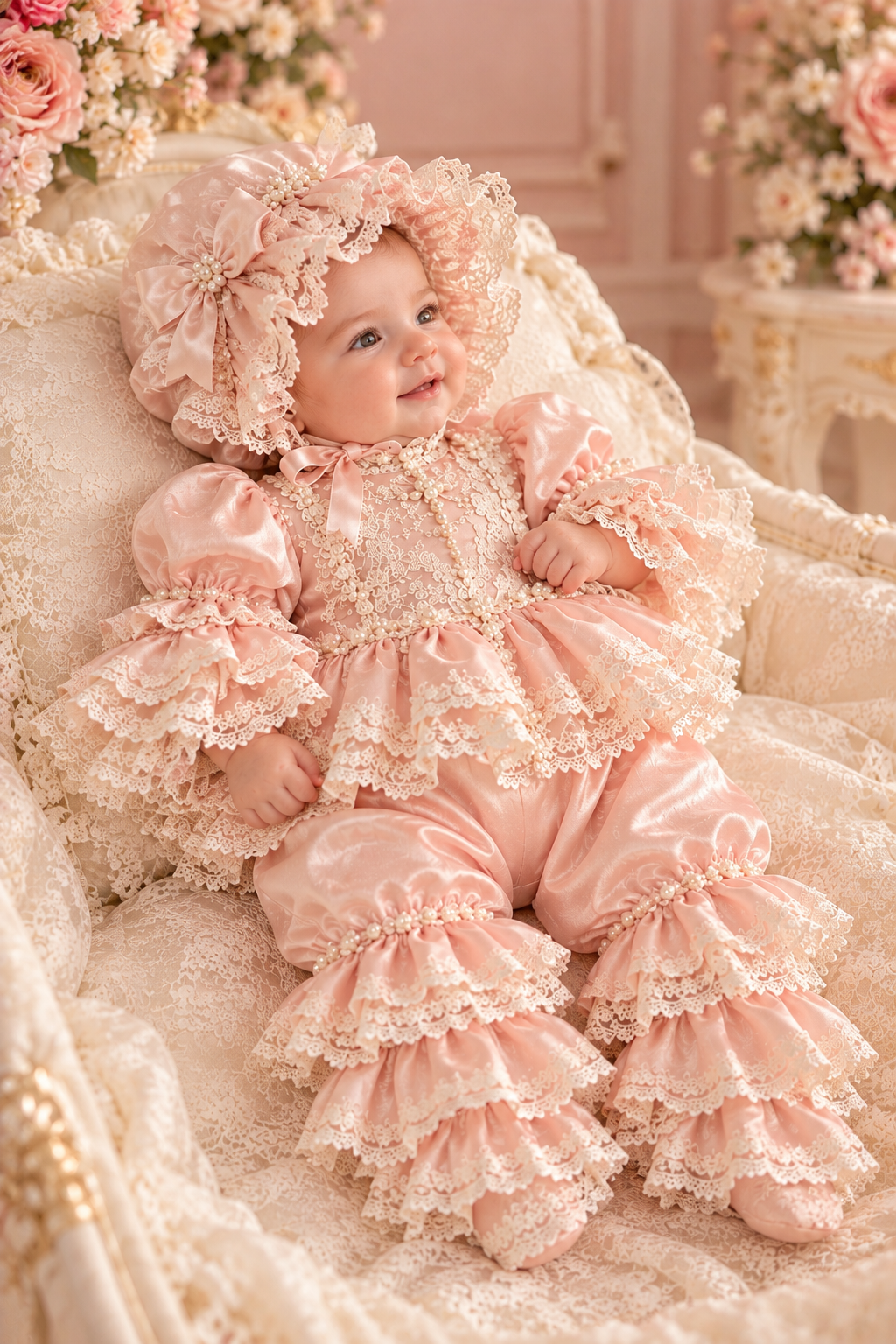 Pink satin fabric baby jumpsuit and bonnet
