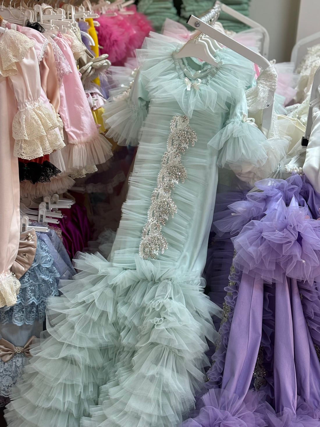 Baby gown light green long coton fabric gown and bonnet