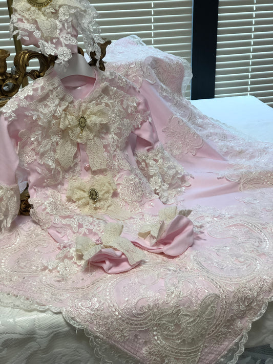 Cream France lace jumpsuit bonnet and blankent