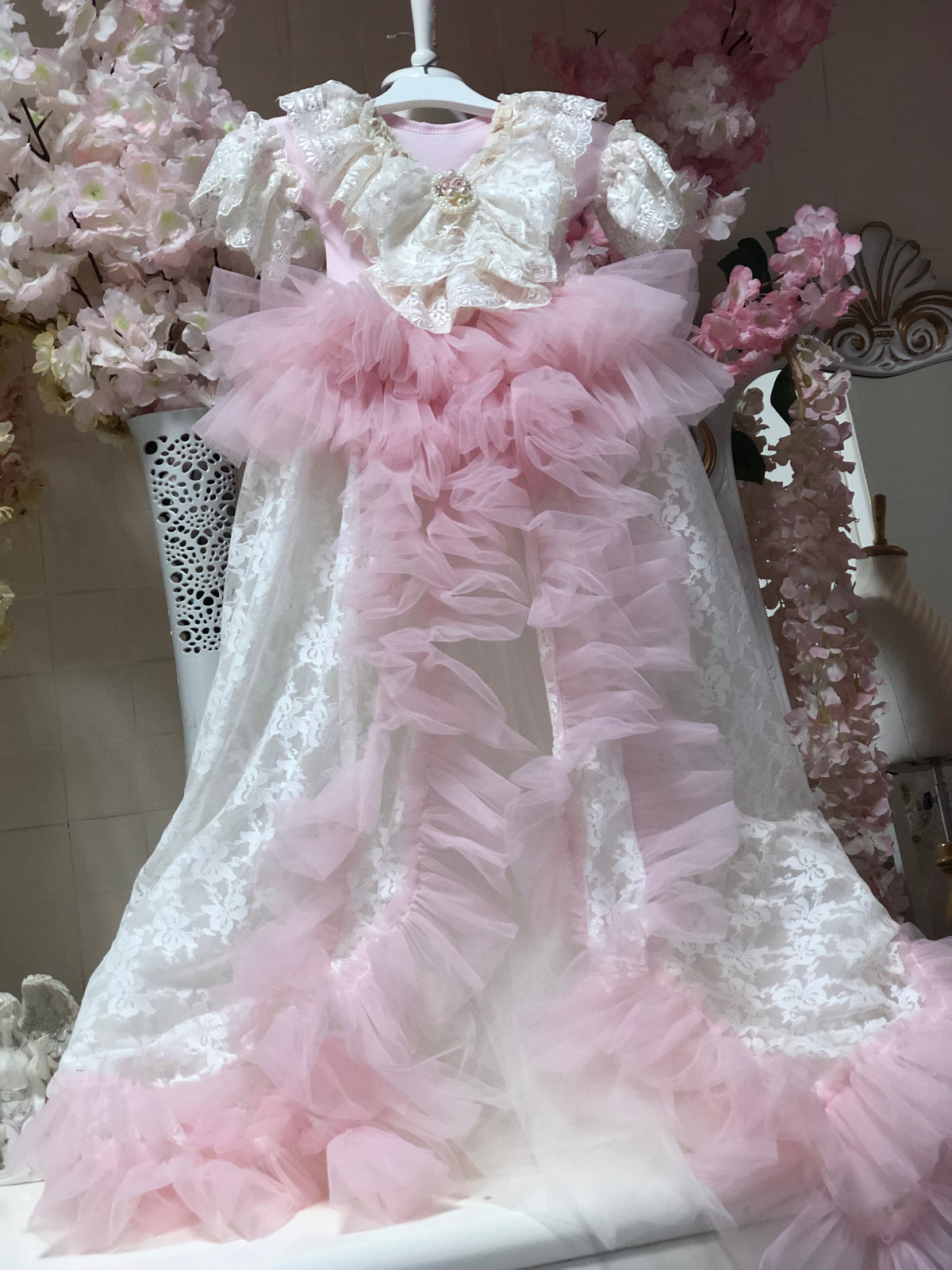 Cream long baby gown and bonnet
