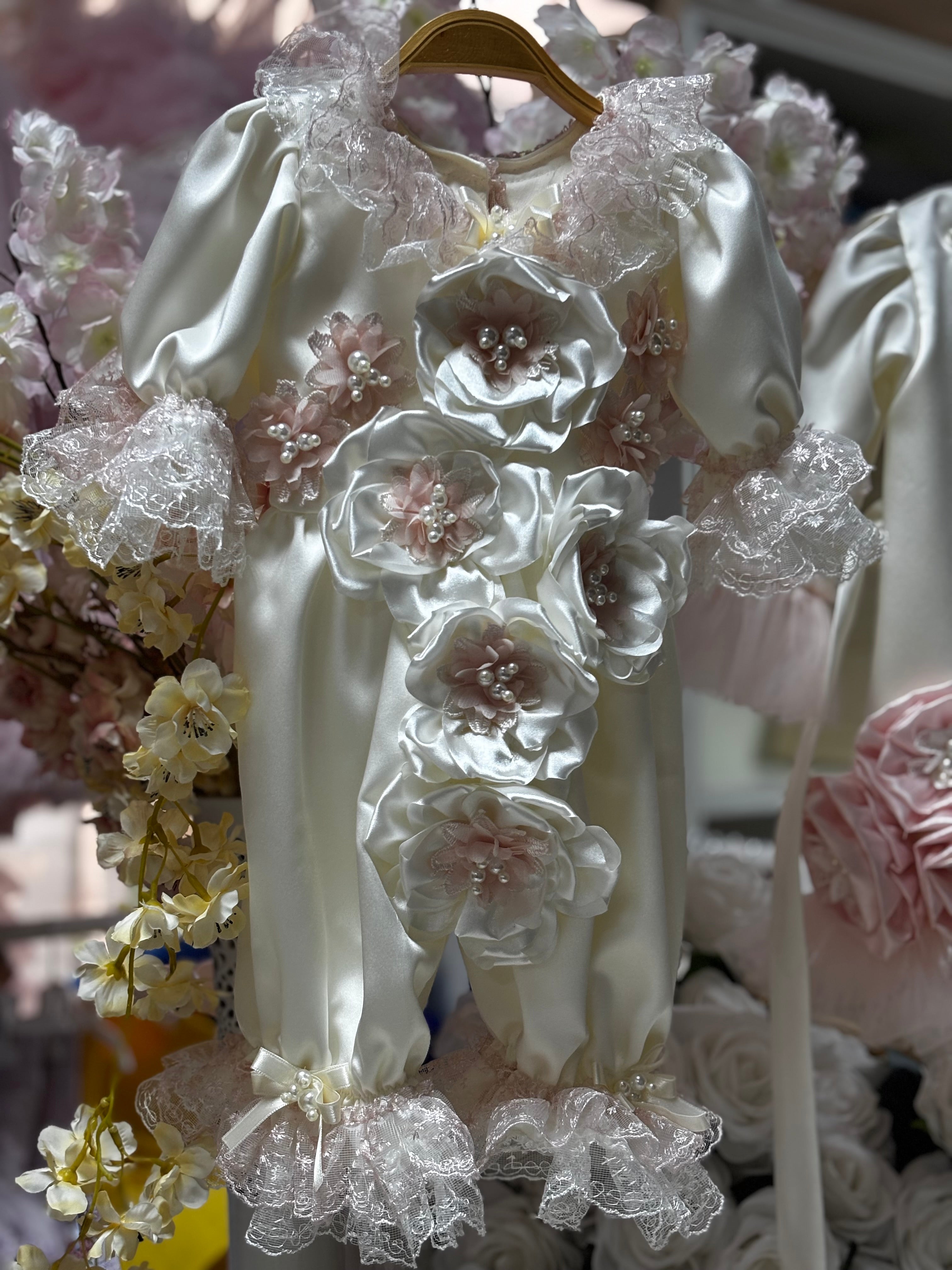 cream satin fabric pearl flowers baby jumpsuit bonnet and shoes