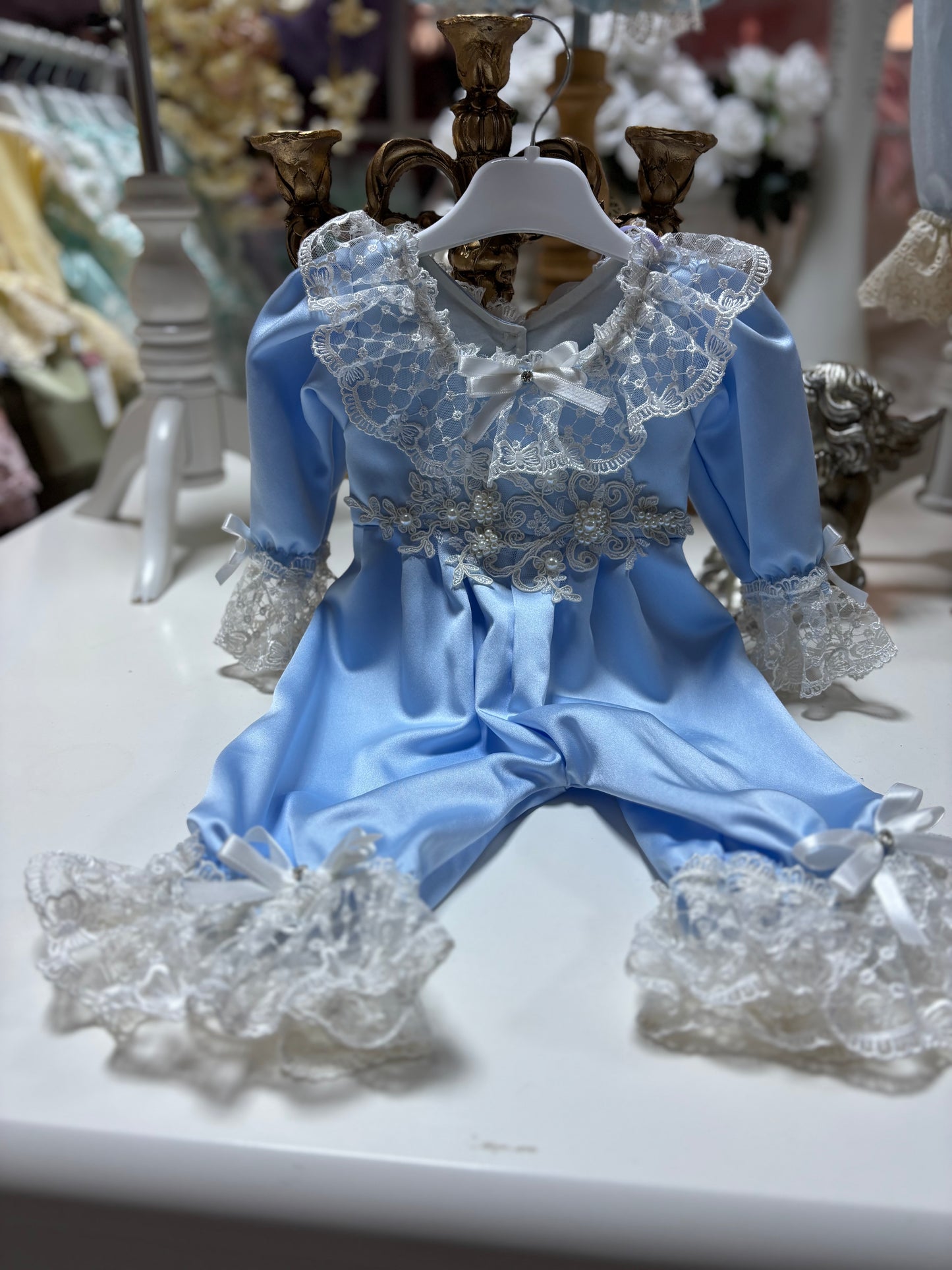 Light Blue Baby Satin Fabric Pearl Aplique Jumpsuit
