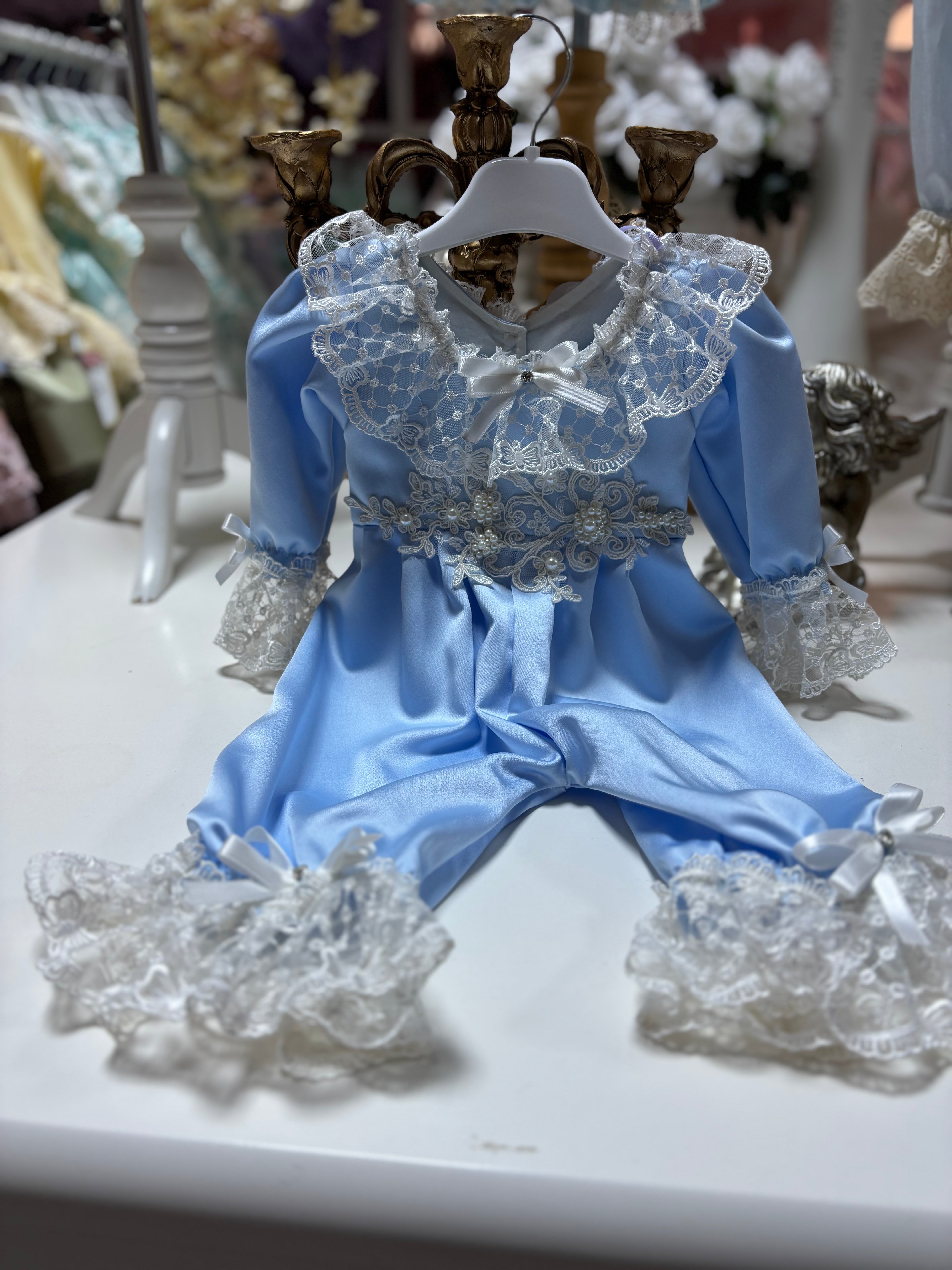 Light Blue Baby Satin Fabric Pearl Aplique Jumpsuit