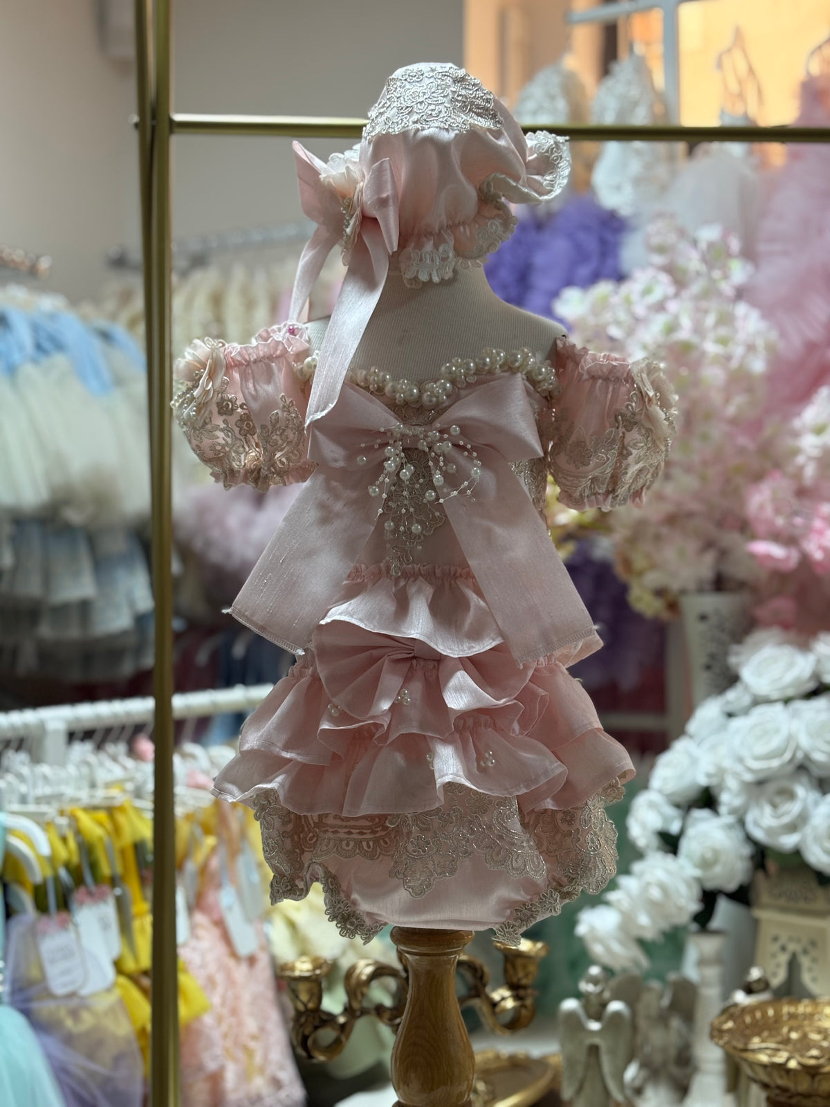 Pink silk fabric girl and baby two pieces outfıt and bonnet